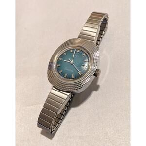Vintage Timex Women's Electric Watch Silver Tone Ocean Blue Face 1970s Modernist